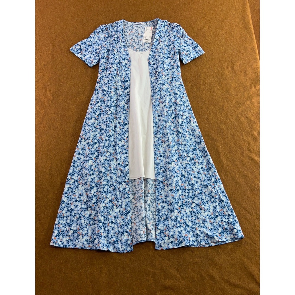 Uniqlo Women XS Blue Floral Printed V Neck Short Sleeve Flare Dress NWT